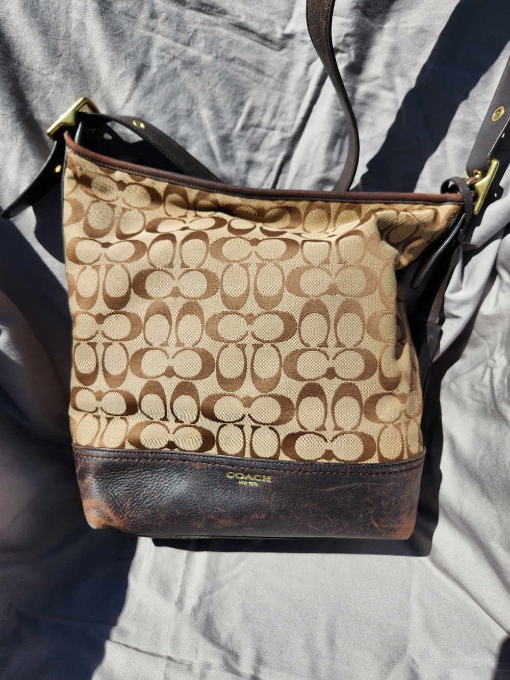 Coach Signature Jacquard and Leather Shoulder Bag in Brown